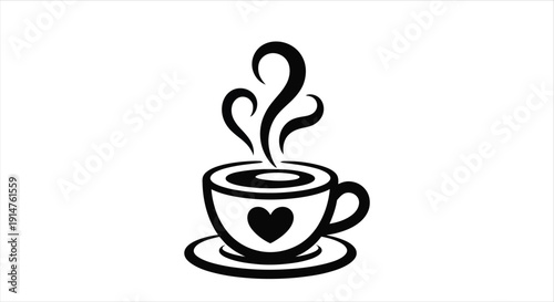 A simple black and white illustration depicts a steaming cup of coffee with a heart design