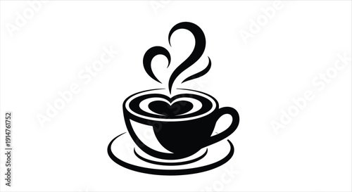 A stylized black and white illustration of a coffee cup with heart shaped steam and foam