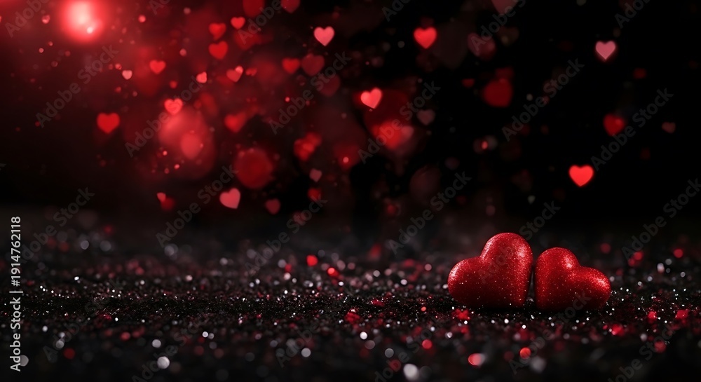 Obraz premium Two red hearts surrounded by sparkling hearts on a dark romantic background for valentines day