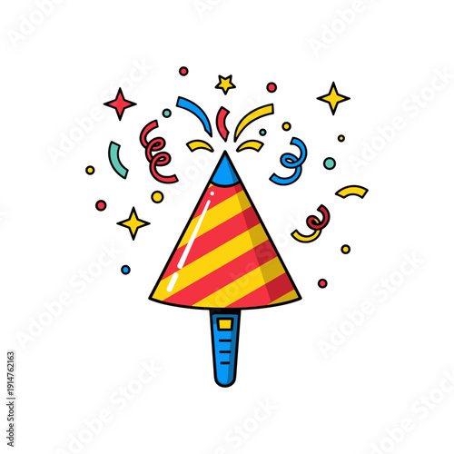 Vibrant cartoon party popper exploding with colorful confetti and stars, symbolizing joy and celebration.