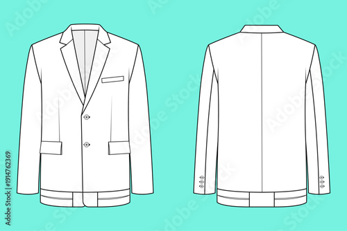 Modern Tailored Blazer Jacket Front and Back Technical Flat Sketch