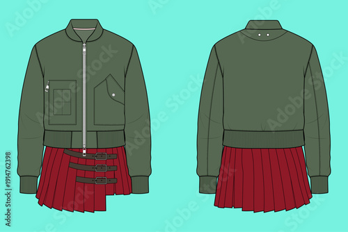 Women's Urban Edge Olive Bomber Jacket with Crimson Pleated Skirt Fashion Flat Sketch CAD Mockup