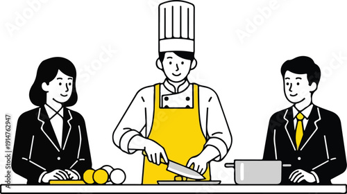 Three businessmen preparing food in a kitchen on transparent background