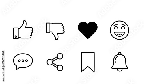 Cartoon Social Media Icons Vector Set – Like, Comment, Share, Save, and Reactions for Apps