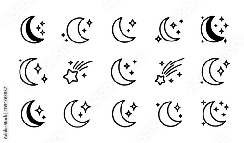 Cartoon Crescent Moon and Sparkling Stars Vector Set – Night Sky Icons for Sleep, App UI, and Celestial Design
