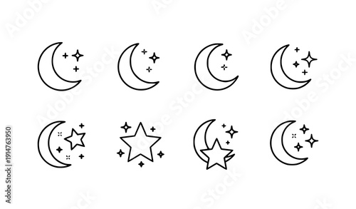 Minimal Crescent Moon and Stars Vector Icons – Outlined Night Sky Symbols for Dark Mode and UI Design
