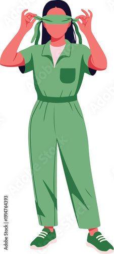 A woman in green jumpsuit tying blindfold on transparent background
