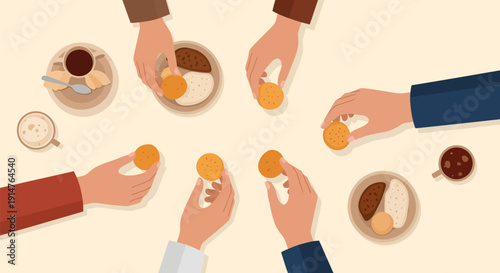 Top view illustration of diverse hands reaching for biscuits and coffee during a casual business meeting, teamwork lunch break, or social gathering flat lay.