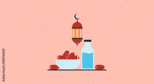 Ramadan Iftar Meal Illustration. Dates, Water, and Traditional Fanoos Lantern on a Minimalist Pink Background.
