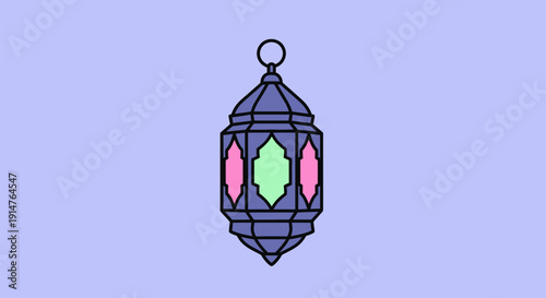 Stylized Ramadan Lantern (Fanoos) Illustration. Modern Islamic Decorative Lamp Vector Design on Lavender Background.