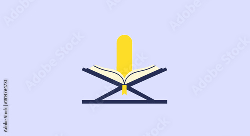Minimalist Open Holy Book (Quran) on Rehal Stand with Abstract Yellow Light/Alif Icon. Islamic Learning and Spirituality Concept Illustration.