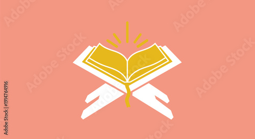 Glowing Open Quran or Holy Book Illustration on Rihal Stand. Minimalist Religious Symbolism, Education, and Wisdom Concept.