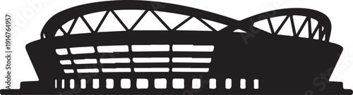 Black and white stadium with arched roof structure