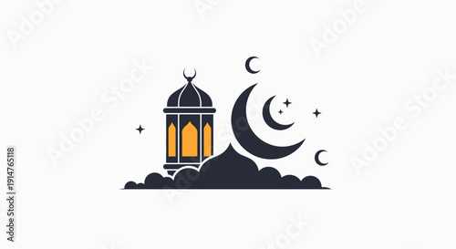 Islamic Ramadan Kareem celebration logo icon design with traditional Fanous lantern, crescent moons, and stars vector illustration.