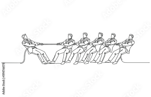 One continuous line drawing of four businessmen pulling rope competition business.