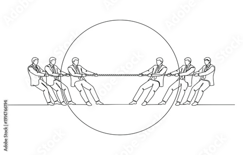 One continuous line drawing of four businessmen pulling rope competition business.