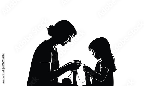 Mother teaching young daughter knitting black and white silhouette art