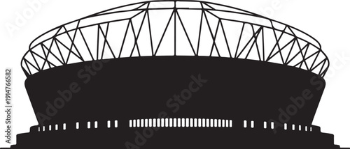 Black and white stadium with intricate roof structure