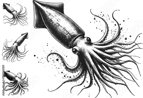 Squids Colossal linework ink sketch hand drawn pen drawing vector illustration background