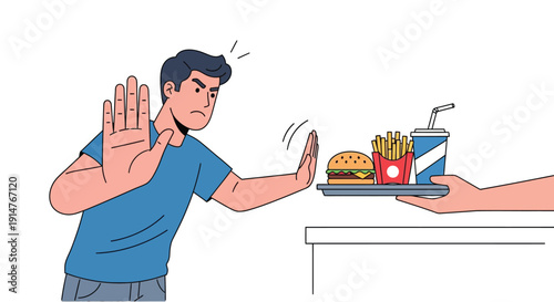 Vector illustration of a man refusing fast food from an outstretched hand isolated on transparent background