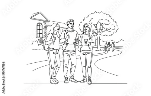 Continuous line drawing of a group of people laughing and teasing together.