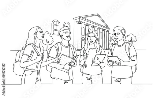 Continuous line drawing of a group of people laughing and teasing together.