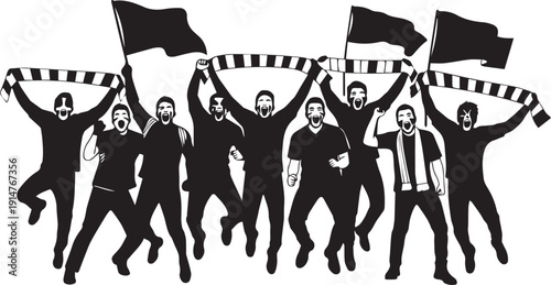 Silhouette sports fans cheering with scarves and flags in dynamic poses showing unity Silhouette sports fans cheering with scarves and flags in dynamic poses showing unity excitement and support