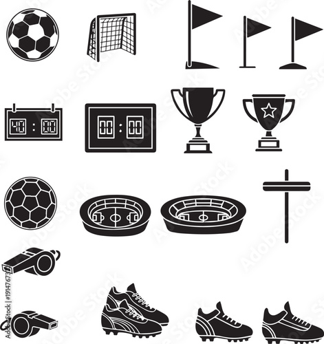 Soccer icons with balls goals trophies stadiums whistles cleats and flags for sports design Soccer icons with balls goals trophies stadiums whistles cleats and flags for sports design and education