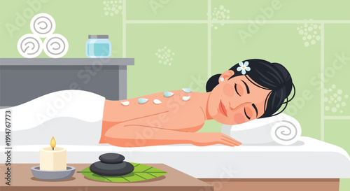 Woman relaxing on massage table with hot stones and candles in spa