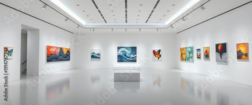 Sleek white gallery interior with minimalist artwork and spotlighting,  background,  interior design