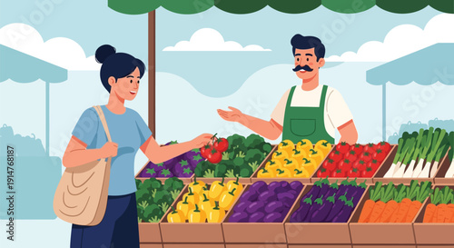 Vector illustration of people shopping for fresh produce at outdoor market
