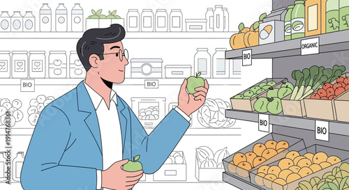 Man in blue jacket shopping for fresh produce in a grocery store, examining a green apple
