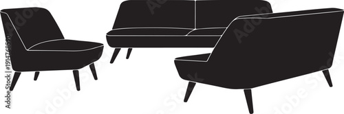 Black Furniture Set with Sofa and Chairs in Silhouette