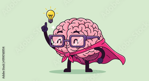 Brain superhero with glasses and cape having a bright idea.