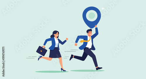 Business people running with location pin pursuing goals.