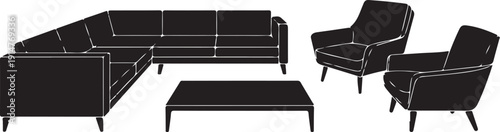Black Furniture Set with Sofa, Chairs, and Coffee Table