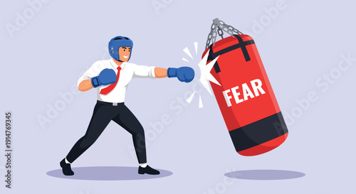 Businessman boxing fear punching bag overcoming challenges.