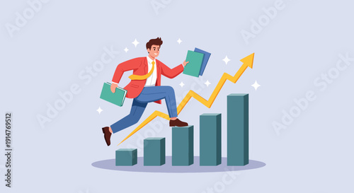 Businessman climbing bar chart with upward arrow symbolizing business growth and success.