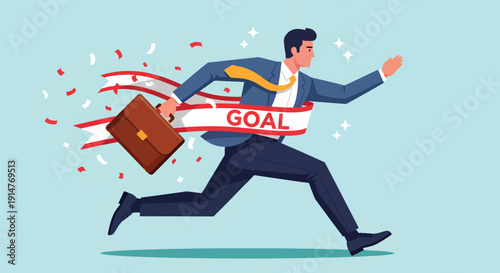Businessman crossing finish line achieving goal celebrating success.