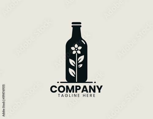 Black vector logo depicting a stylized glass bottle with a single flower growing from the opening