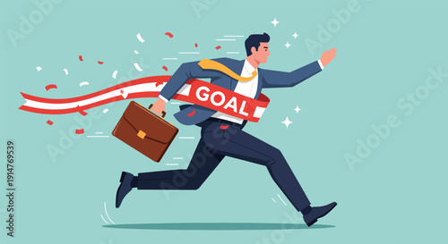 Businessman crossing finish line with goal banner celebrating success.