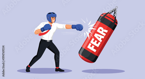 Businessman in boxing gear punching a FEAR labeled punching bag.