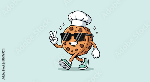 Cool Cookie Chef Cartoon Character Walking with Peace Sign Vector illustration.