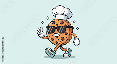 Cool Cookie Chef Cartoon Character Walking with Peace Sign.