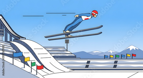Flat Vector Illustration of Ski Jumping Athlete Flying Over Ramp in Winter Stadium