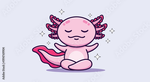 Cute Axolotl Meditating with Sparkles Cartoon Vector Illustration.