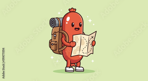 Cute cartoon sausage character with backpack and map exploring.