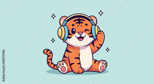 Cute cartoon tiger wearing headphones and listening to music.