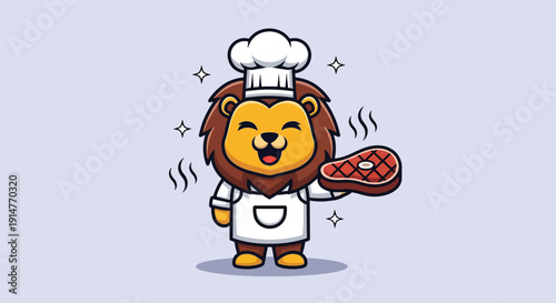 Cute Lion Chef Holding a Delicious Steak Cartoon Illustration.