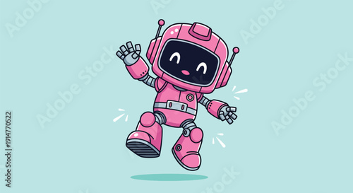 Cute Pink Robot Character Waving and Jumping with Joy.